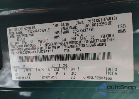 2018 Ford Escape Se из США, поврежденный, VIN 1FMCU9GDXJUC24137